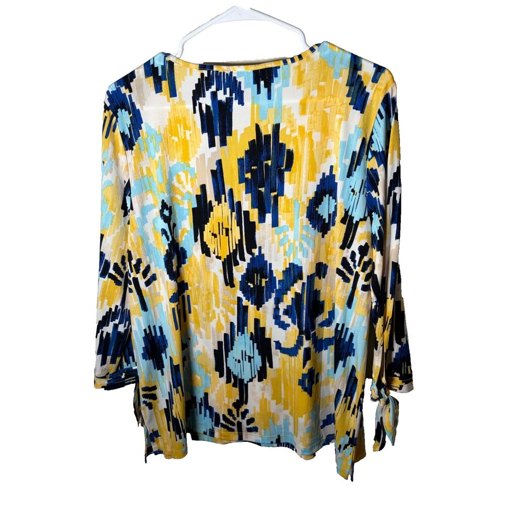 Ellen Tracy Blouse Women's Large Round Neck 3/4 Sleeve Colorful Keyhole Top - Picture 2 of 8